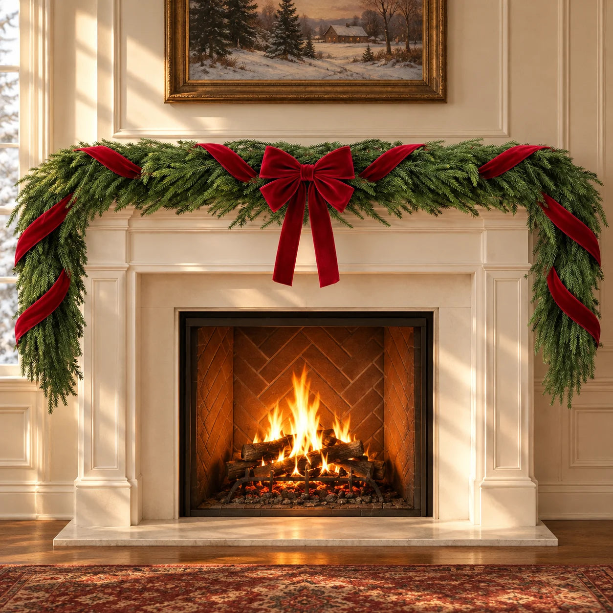 Norfolk pine garland and red velvet bows styled on a Christmas mantel