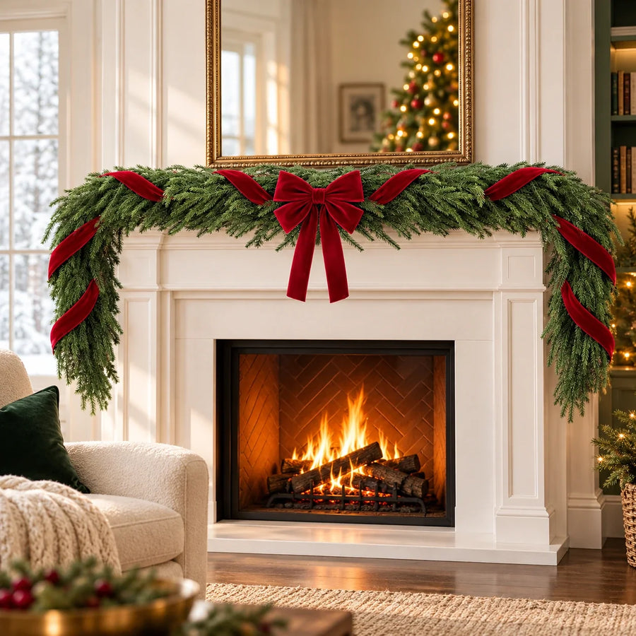 Norfolk Pine Garland with Red Velvet Bows — Christmas room styling