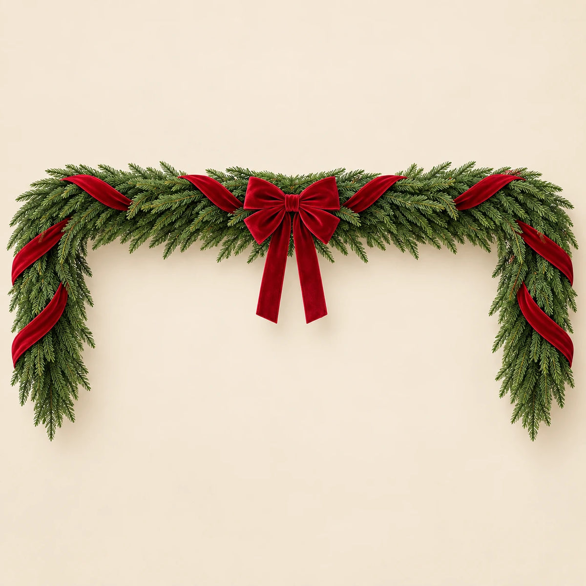 Norfolk Pine Garland with Red Velvet Bows — Beige studio