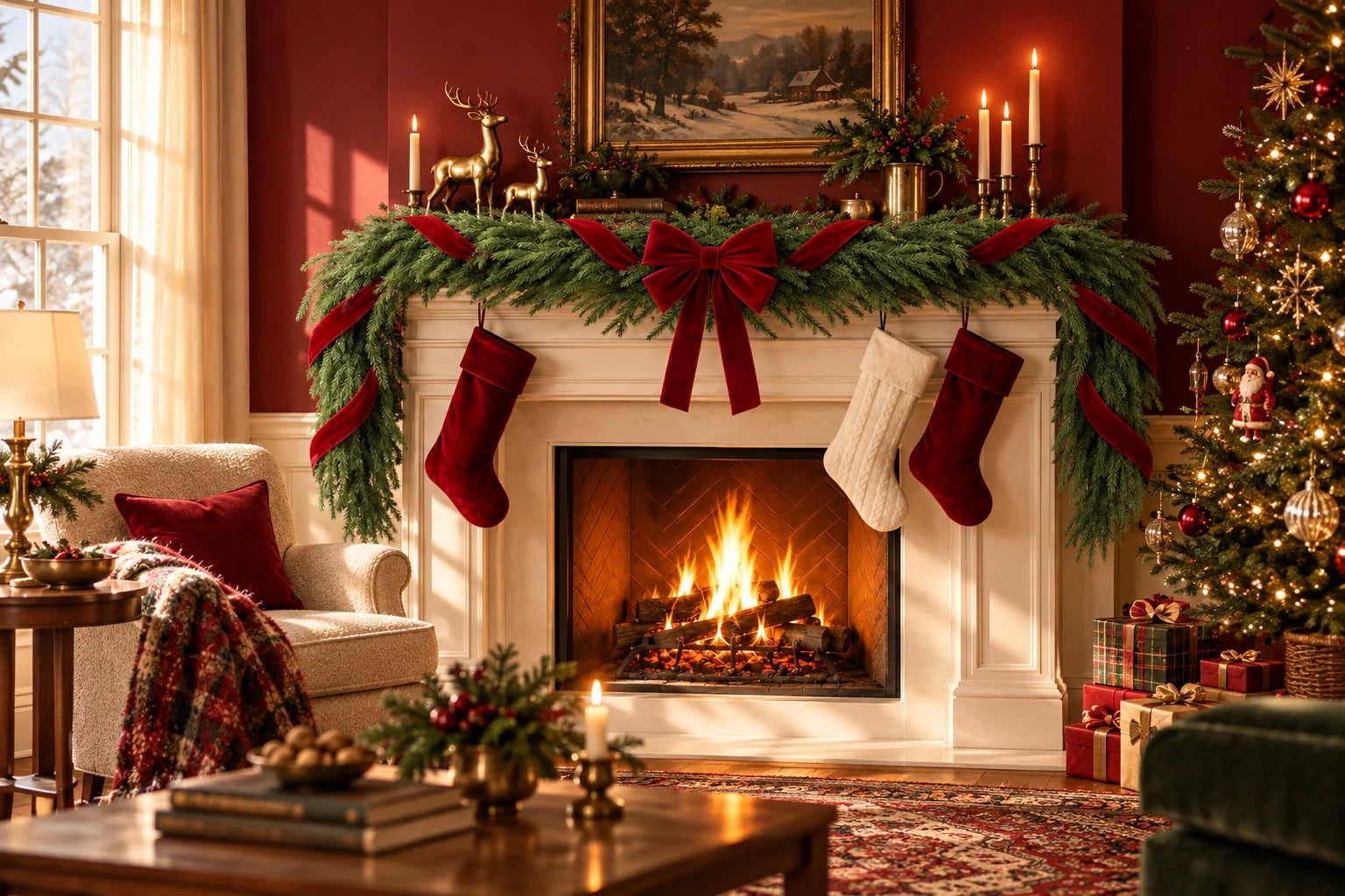 A nostalgic Christmas mantel styled with Norfolk pine greenery and velvet bows